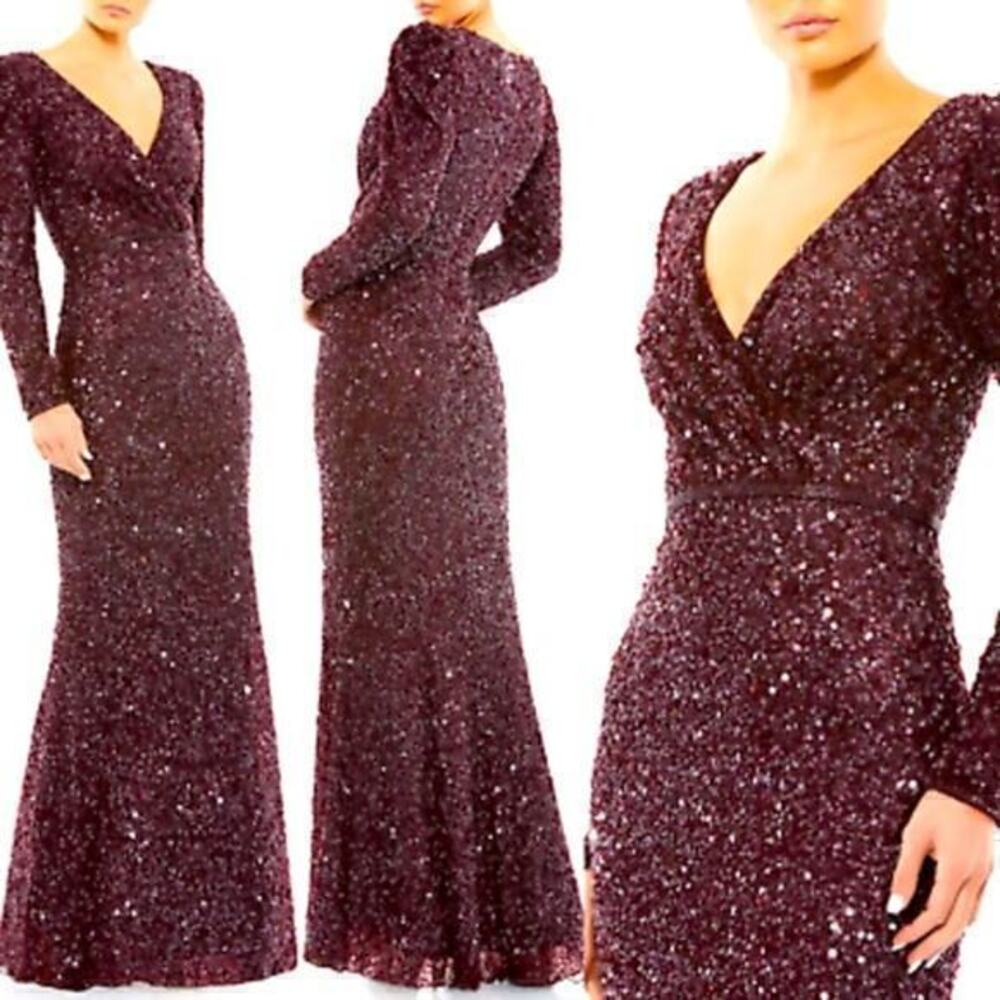 New ▶️ Mac Duggal ◀️ Mahogany Puff Shoulder Sequined Surplice Gown. Size 16